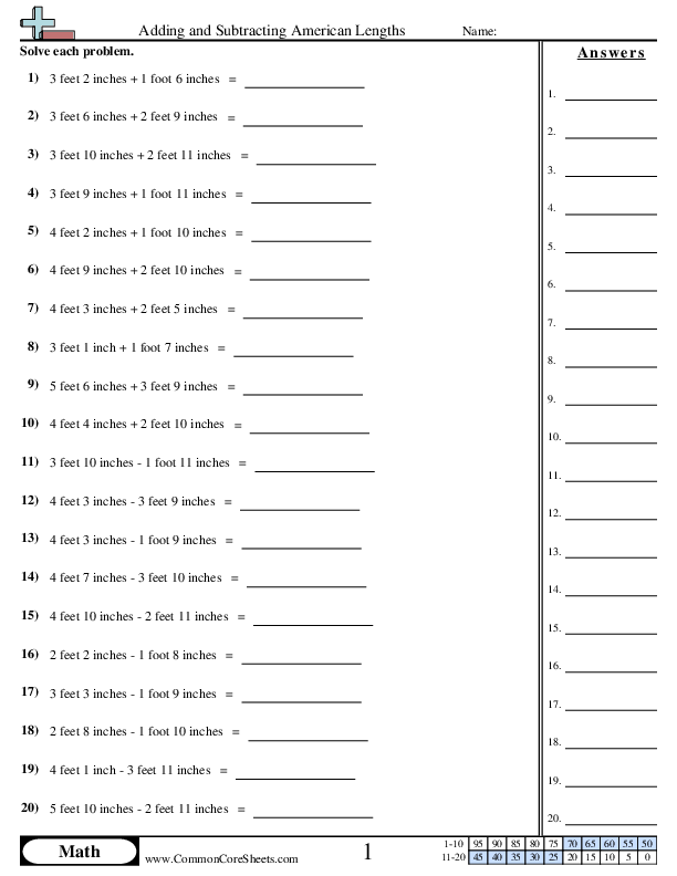 Adding and Subtracting American Lengths Worksheet - Adding and Subtracting American Lengths worksheet